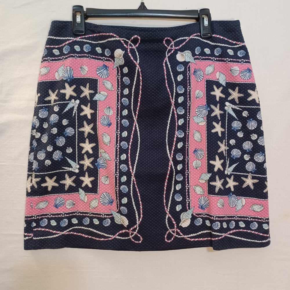 Talbots Skirt 12P Navy Blue Pink Nautical Shell Seashell Print Stretch Coastal